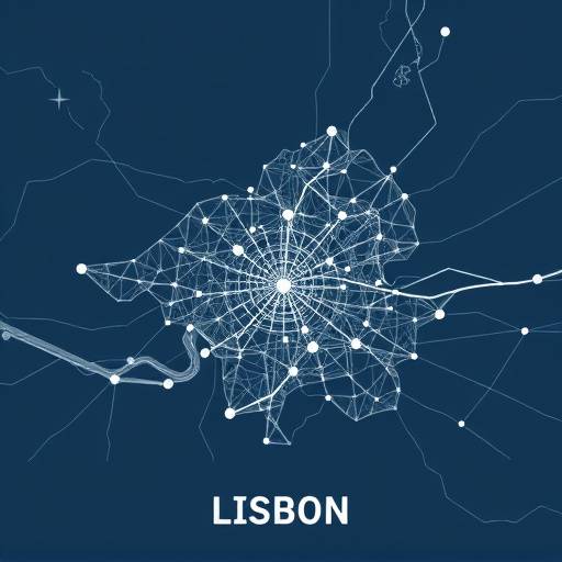 Um mapa estilizado de Lisboa com linhas de rede sobrepostas